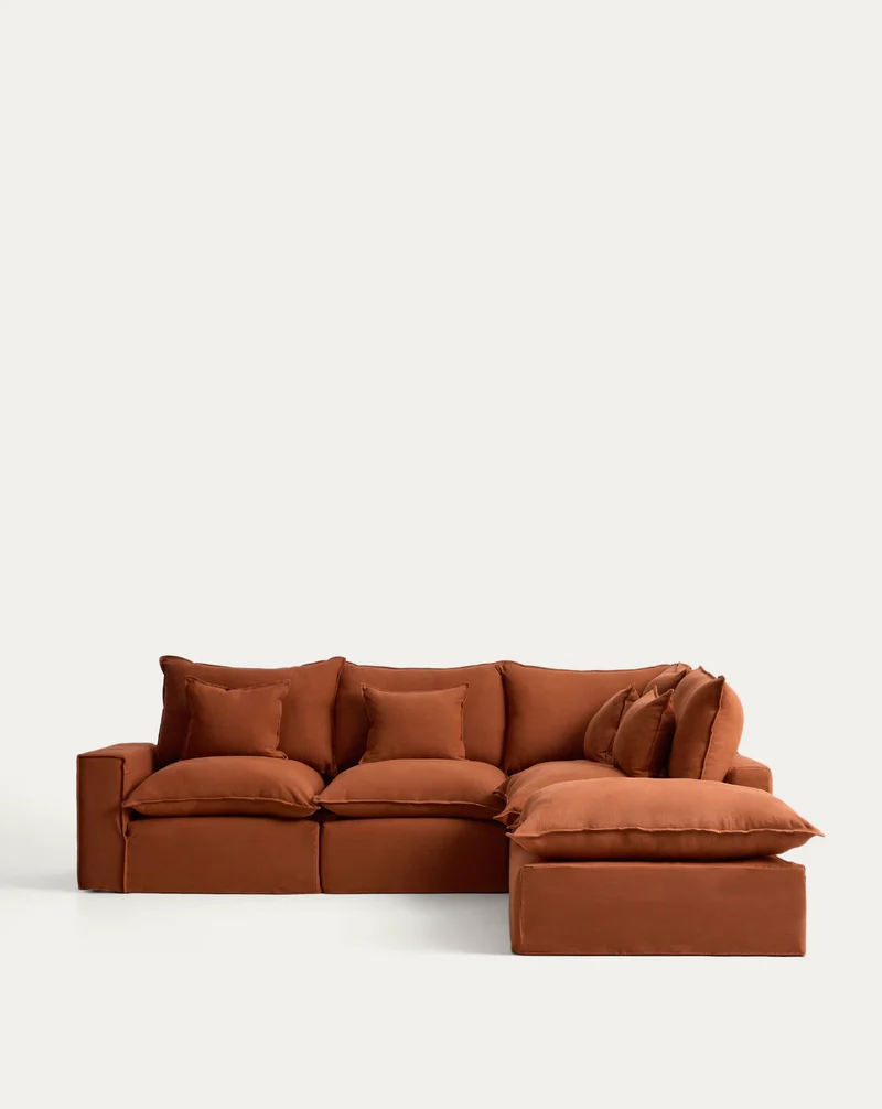 Anarela terracotta linen 6-seater modular corner sofa with removable cover 347 x 307 cm FSC Mix Credit