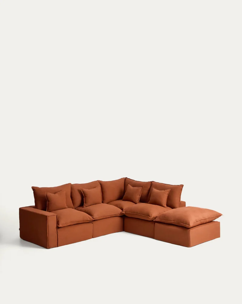 Anarela terracotta linen 6-seater modular corner sofa with removable cover 347 x 307 cm FSC Mix Credit