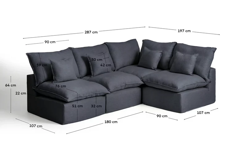 Anarela 4-seater modular corner sofa with removable covers in beige linen and viscose 287 x 197cm / 197 x 287cm FSC Mix Credit
