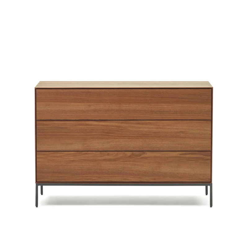 Vedrana 3 drawer chest of drawers in walnut veneer with black steel legs, 110 x 75 cm