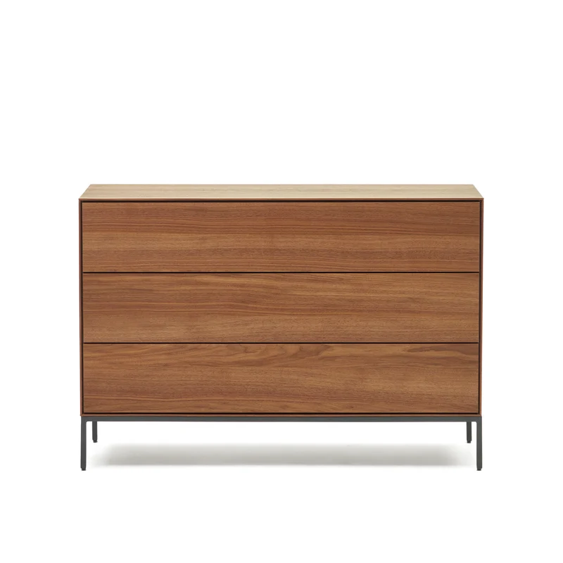 Vedrana 3 drawer chest of drawers in walnut veneer with black steel legs, 110 x 75 cm