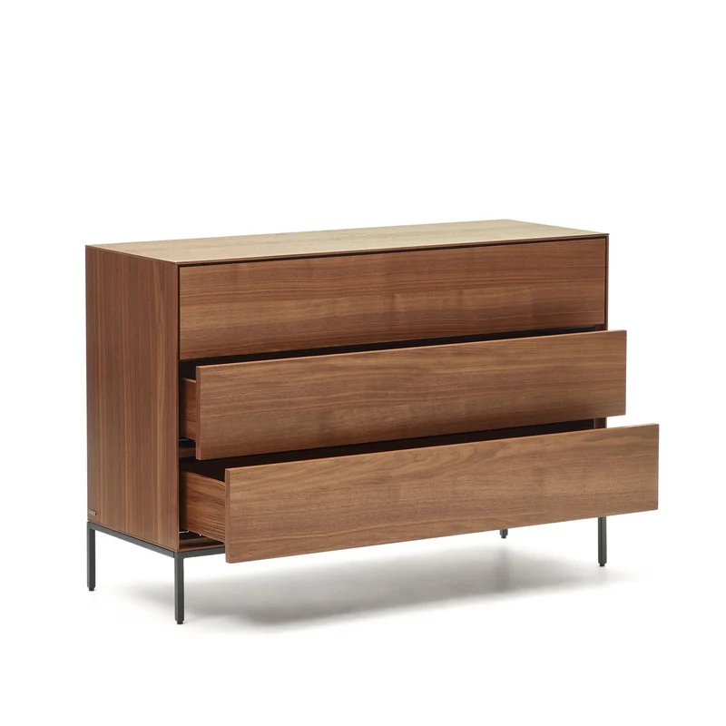 Vedrana 3 drawer chest of drawers in walnut veneer with black steel legs, 110 x 75 cm