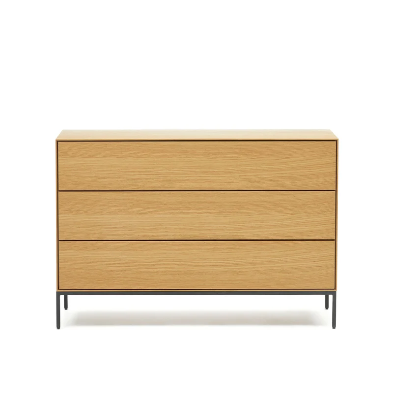 Vedrana 3 drawer chest of drawers in oak veneer with black steel legs, 110 x 75 cm