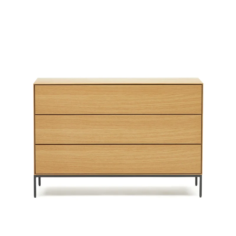 Vedrana 3 drawer chest of drawers in oak veneer with black steel legs, 110 x 75 cm