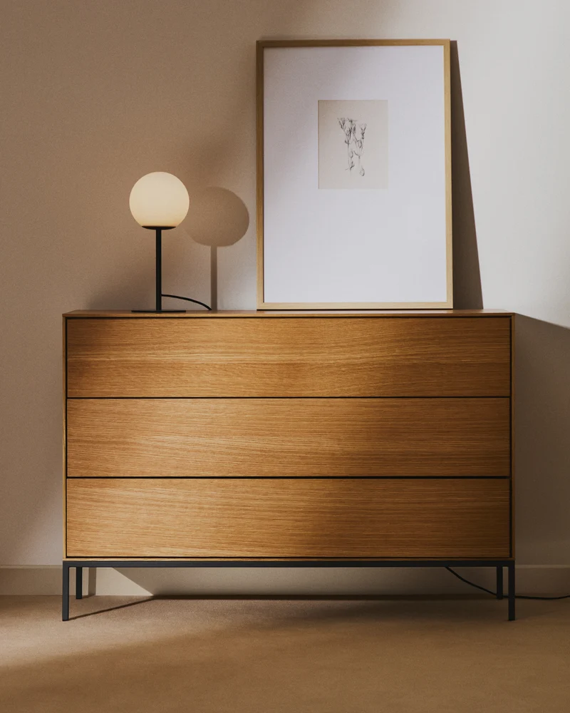 Vedrana 3 drawer chest of drawers in oak veneer with black steel legs, 110 x 75 cm