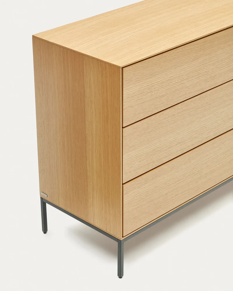 Vedrana 3 drawer chest of drawers in oak veneer with black steel legs, 110 x 75 cm