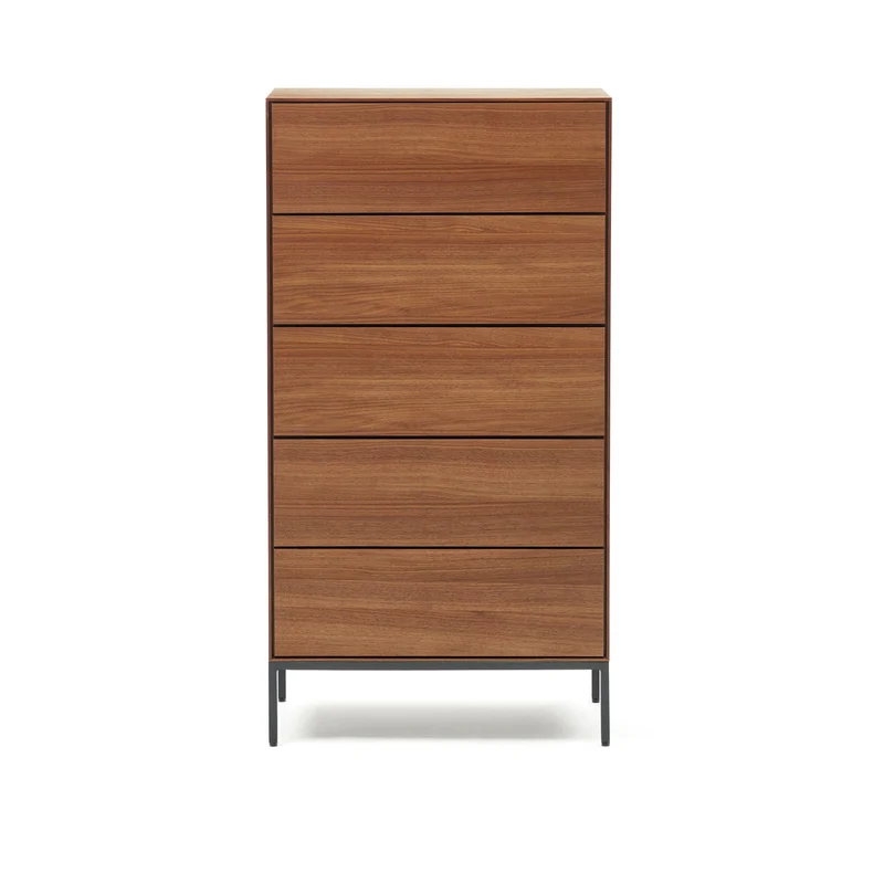 Vedrana 5 drawer chest of drawers in walnut veneer with black steel legs, 60 x 114 cm