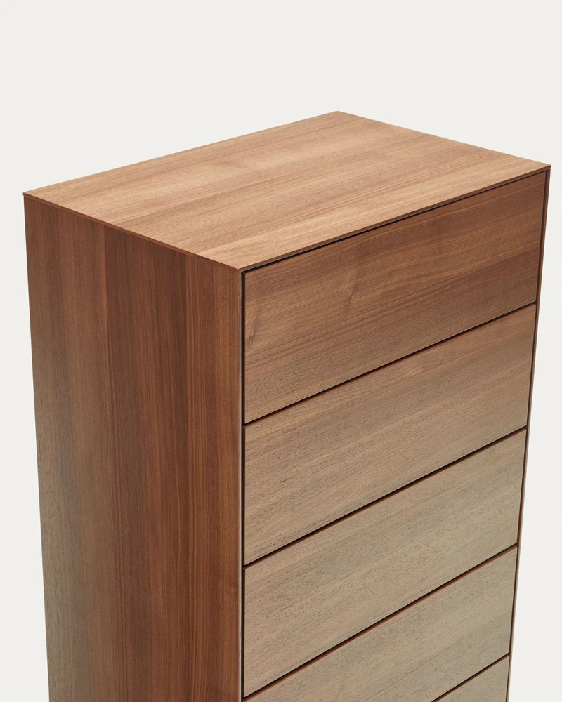 Vedrana 5 drawer chest of drawers in walnut veneer with black steel legs, 60 x 114 cm