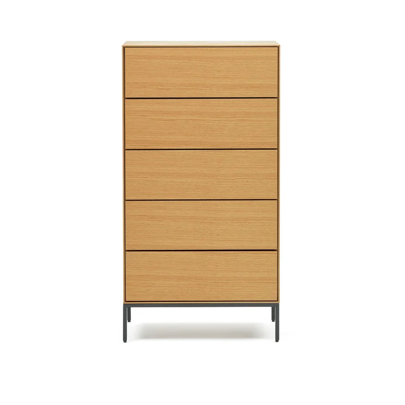 Vedrana 5 drawer chest of drawers in oak veneer with black steel legs, 60 x 114 cm