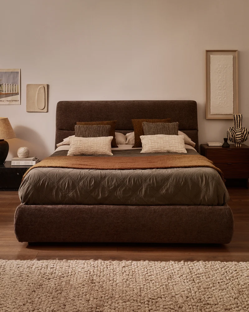 Dafra dark brown chenille removable-cover bed with ottoman base for a 180 x 200 cm mattress