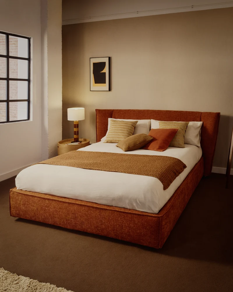 Arvian terracotta chenille removable-cover bed with ottoman base for a 180 x 200 cm mattress