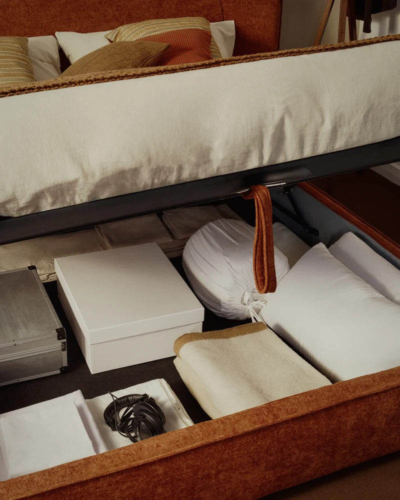 Arvian terracotta chenille removable-cover bed with ottoman base for a 180 x 200 cm mattress