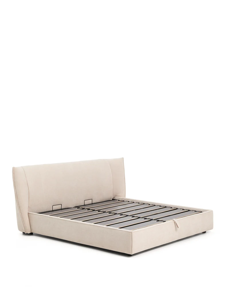 Arvian beige chenille removable-cover bed with ottoman base for a 180 x 200 cm mattress