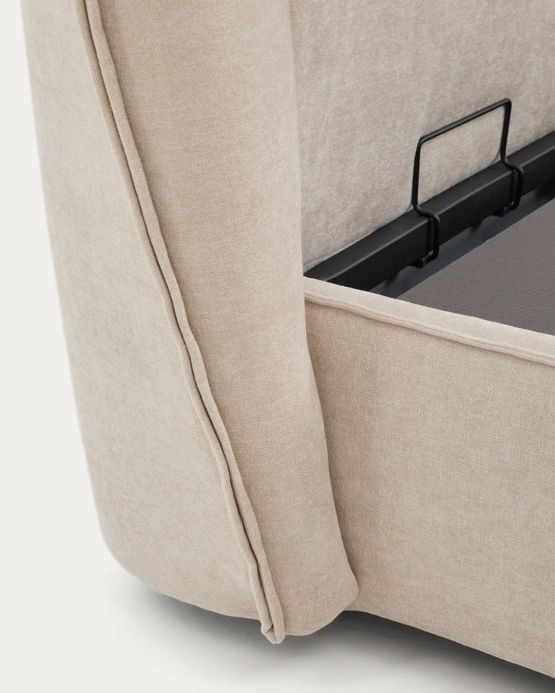 Arvian beige chenille removable-cover bed with ottoman base for a 180 x 200 cm mattress