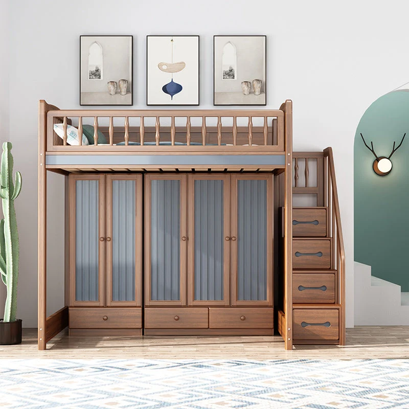 Lit mezzanine en bois massif avec armoire et bureau