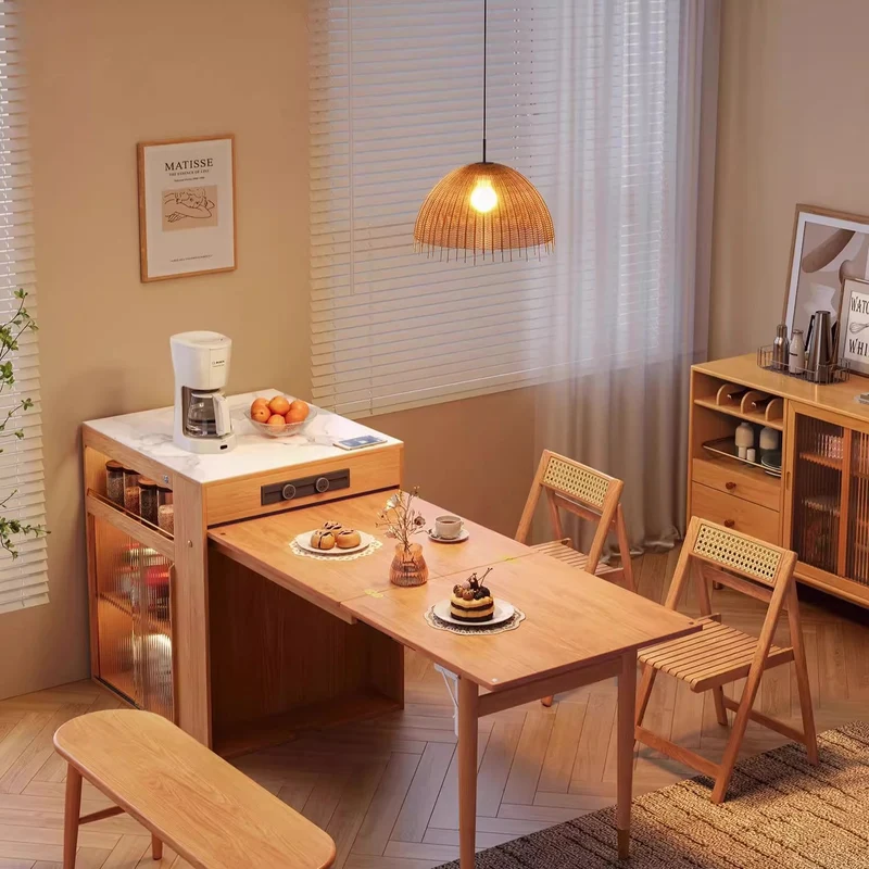 Table de salle à manger avec îlot de cuisine en bois massif peu encombrant
