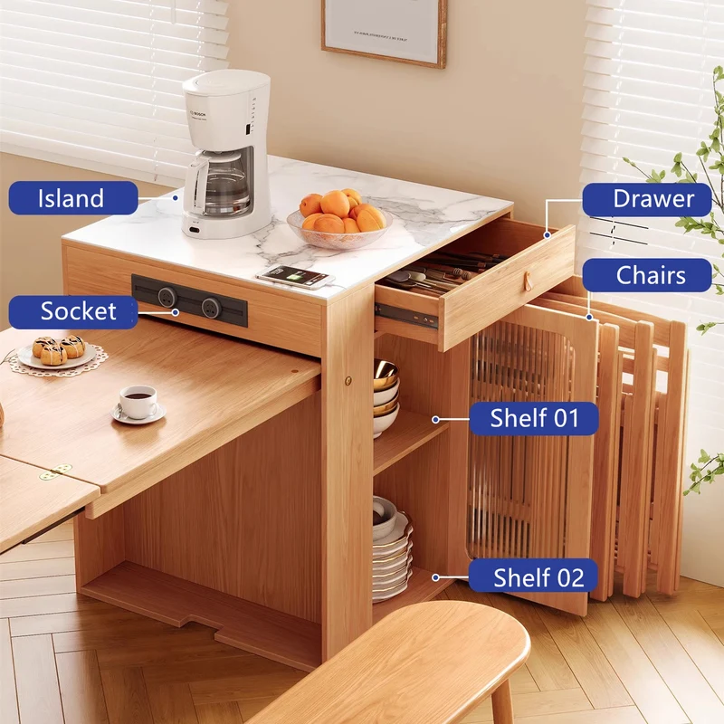 Table de salle à manger avec îlot de cuisine en bois massif peu encombrant