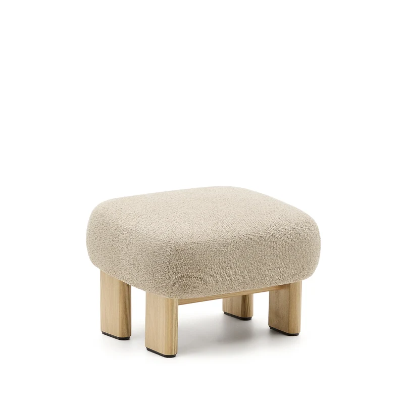 Nema beige chenille footstool with solid ash wood legs natural finish 65x55.4 cm FSC 100%