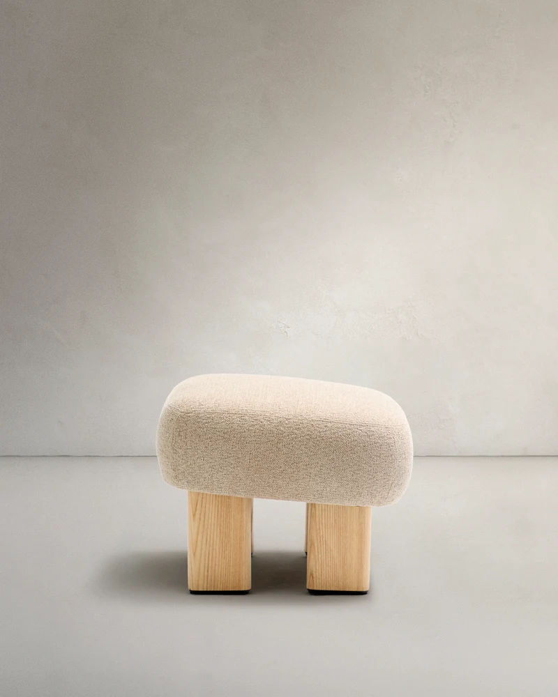 Nema beige chenille footstool with solid ash wood legs natural finish 65x55.4 cm FSC 100%