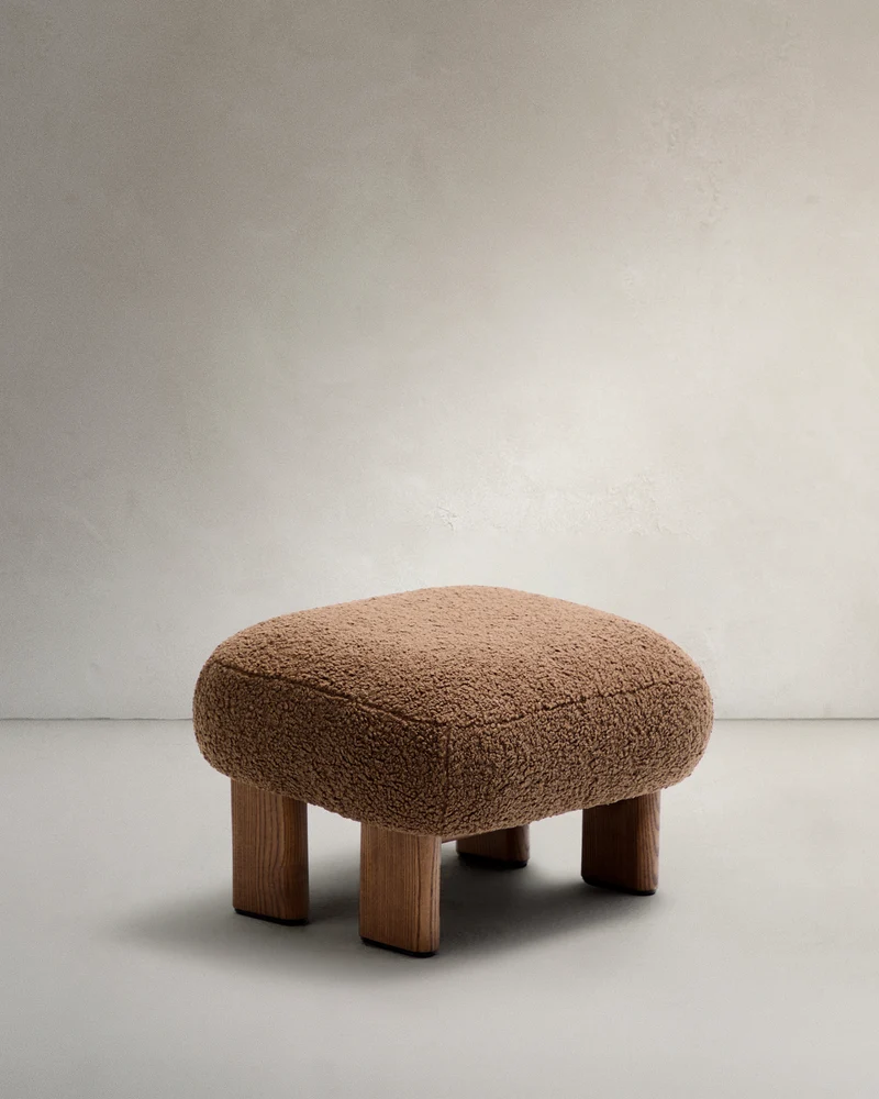 Nema taupe bouclé footstool with solid ash wood legs walnut finish 65x55.4cm FSC 100%