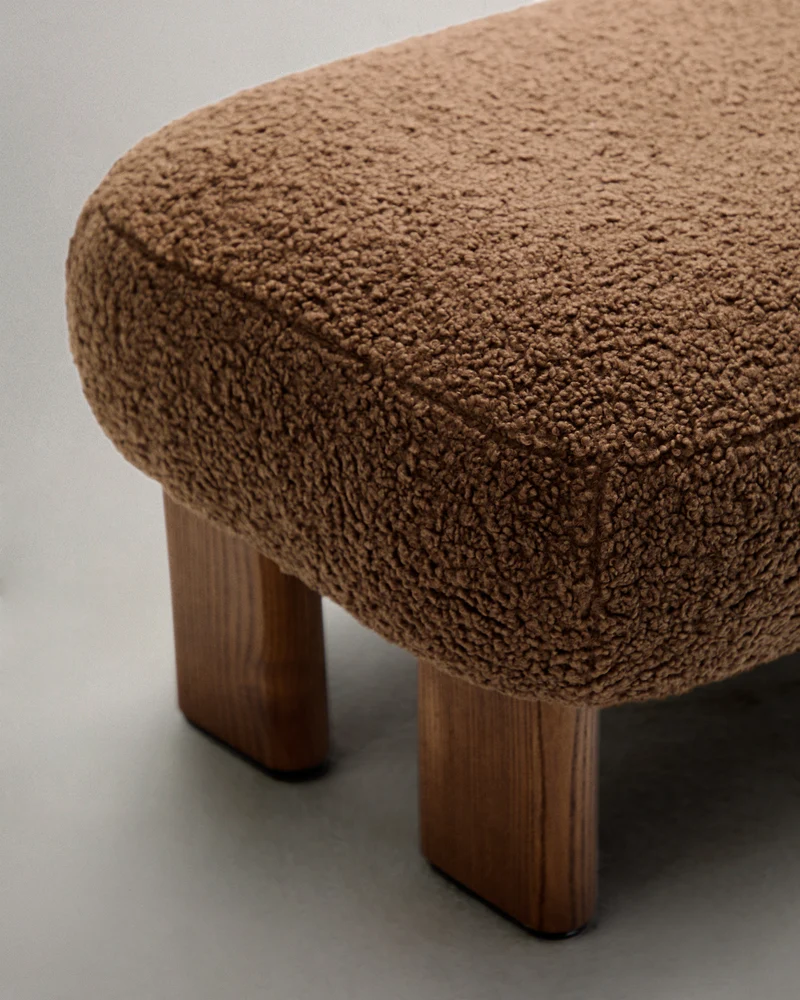 Nema taupe bouclé footstool with solid ash wood legs walnut finish 65x55.4cm FSC 100%