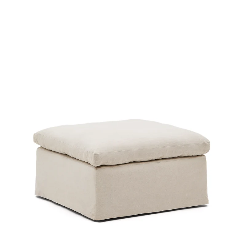 Zenira beige cotton and linen footrest with removable cover and cushion 90 x 90cm