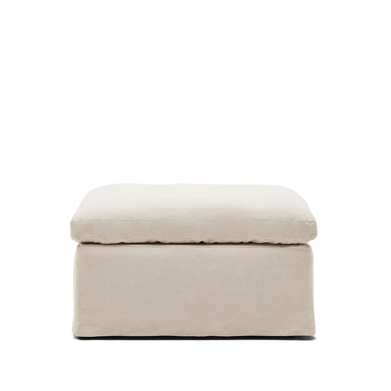 Zenira beige cotton and linen footrest with removable cover and cushion 90 x 90cm