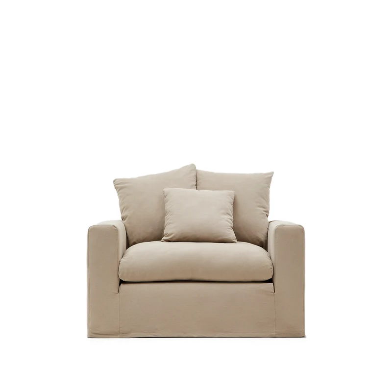 Nora armchair cover in taupe linen and cotton 140cm