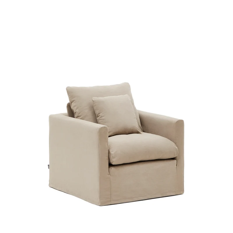 Nora armchair cover in taupe linen and cotton 92cm