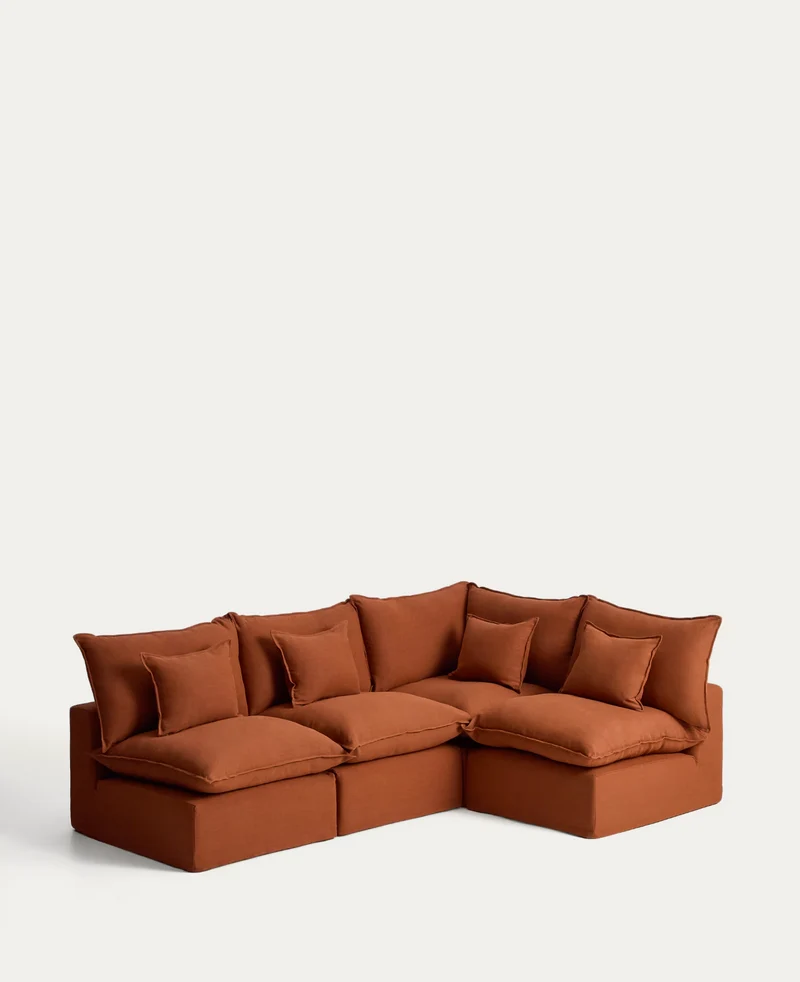 Anarela terracotta linen 4-seater modular corner sofa with removable cover 287 x 197cm / 197 x 287cm FSC Mix Credit