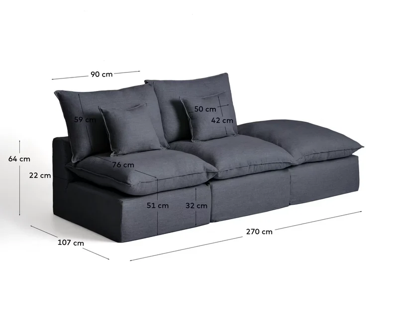 Anarela dark grey linen and viscose 2-seater modular sofa with end module and removable cover 270cm FSC Mix Credit