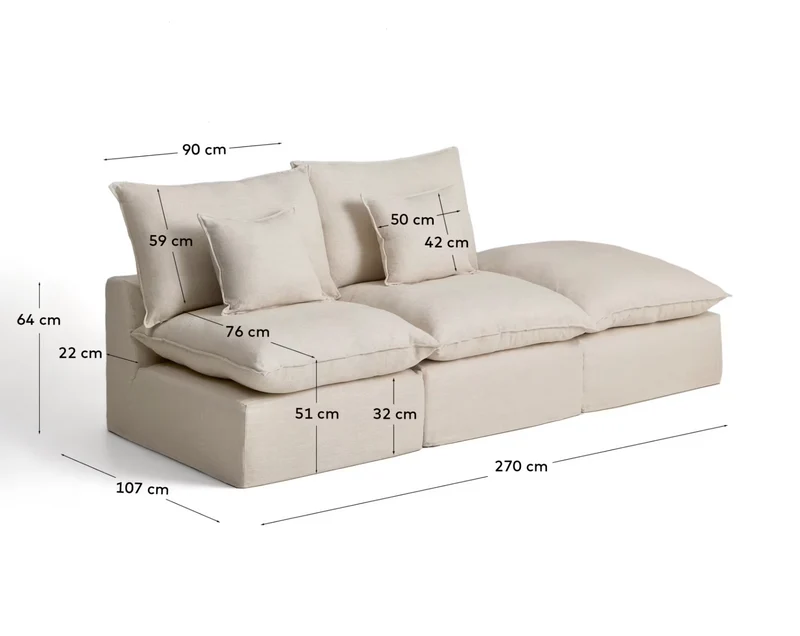 Anarela taupe linen 2-seater modular sofa with end module and removable cover 270cm FSC Mix Credit