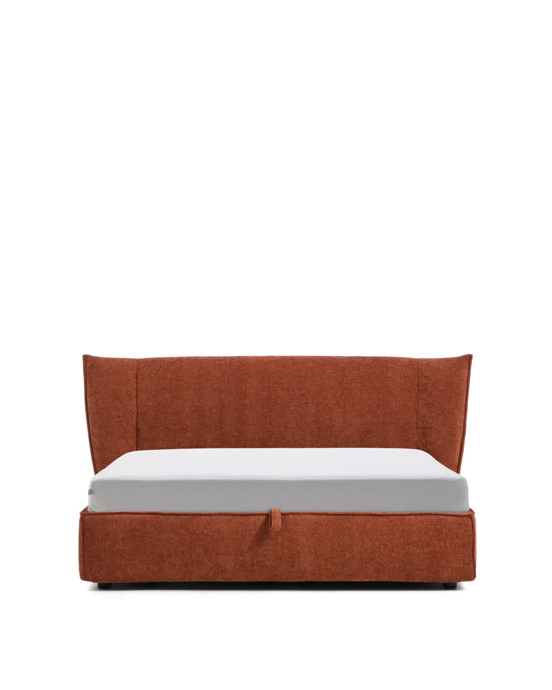 Arvian terracotta chenille removable-cover bed with ottoman base for a 160 x 200 cm mattress