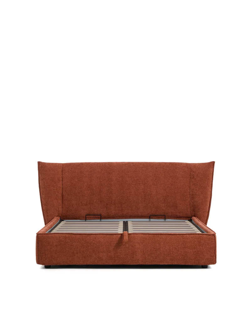 Arvian terracotta chenille removable-cover bed with ottoman base for a 160 x 200 cm mattress