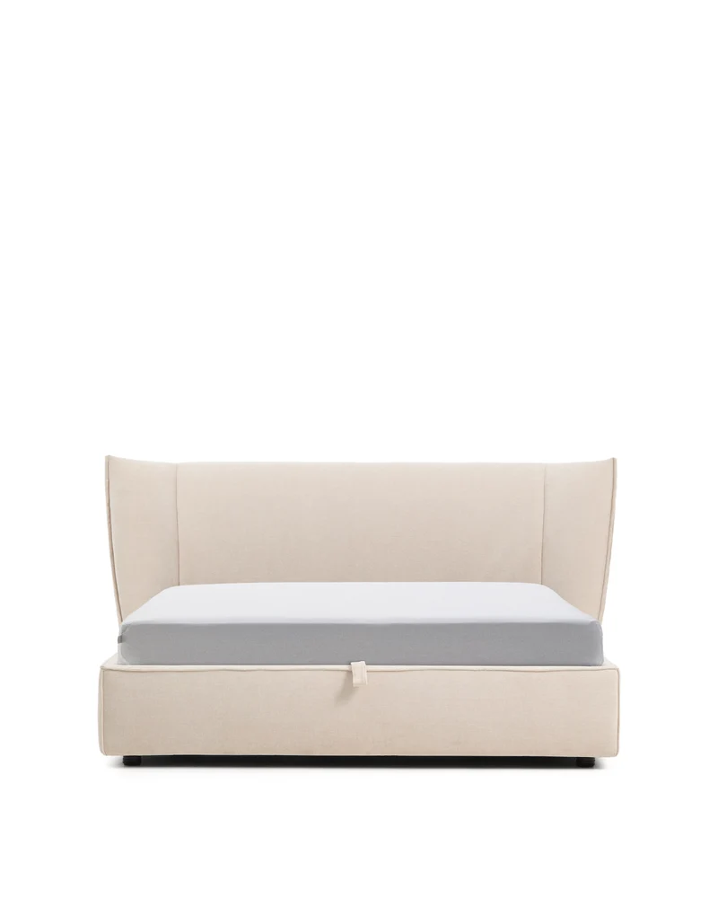 Arvian beige chenille removable-cover bed with ottoman base for a 160 x 200 cm mattress