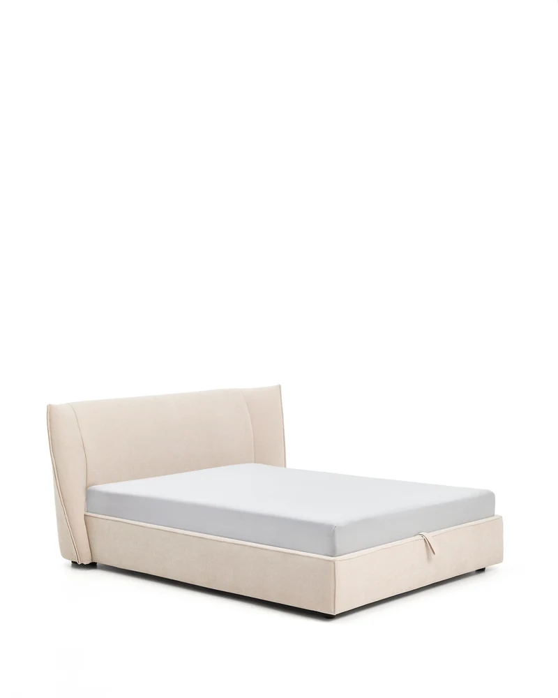 Arvian beige chenille removable-cover bed with ottoman base for a 160 x 200 cm mattress