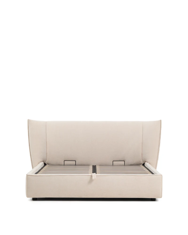 Arvian beige chenille removable-cover bed with ottoman base for a 160 x 200 cm mattress