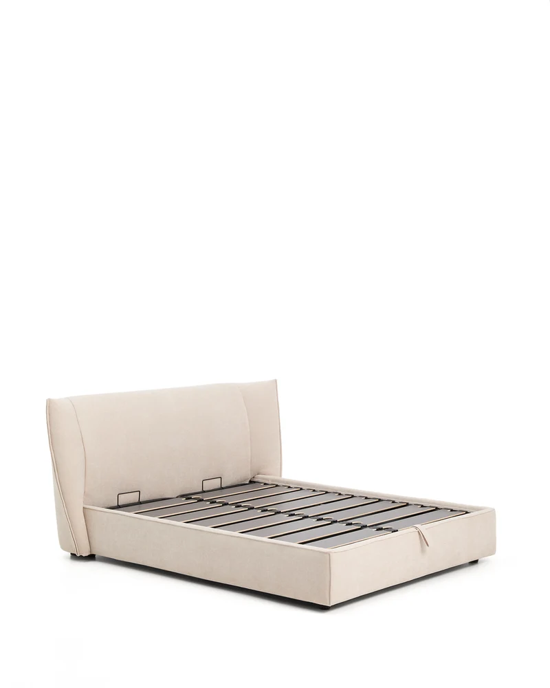 Arvian beige chenille removable-cover bed with ottoman base for a 160 x 200 cm mattress