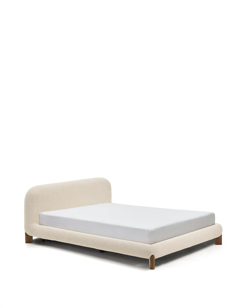 Odina ecru bouclé bed with removable cover and solid ash wood legs with walnut finish for 180 x 200cm mattress