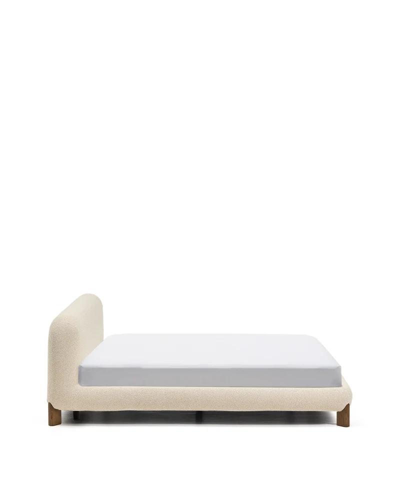 Odina ecru bouclé bed with removable cover and solid ash wood legs with walnut finish for 180 x 200cm mattress