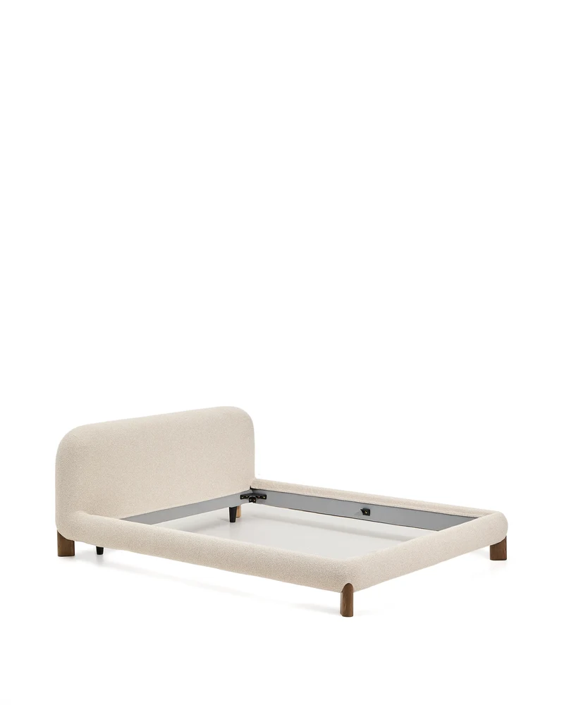 Odina ecru bouclé bed with removable cover and solid ash wood legs with walnut finish for 180 x 200cm mattress