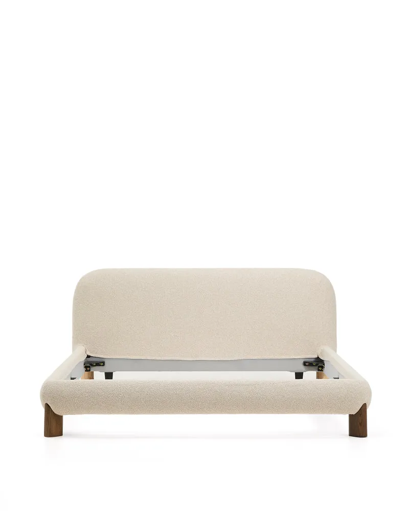 Odina ecru bouclé bed with removable cover and solid ash wood legs with walnut finish for 180 x 200cm mattress