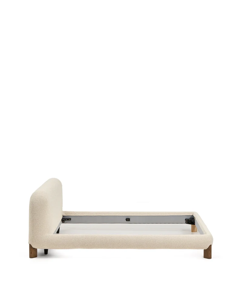 Odina ecru bouclé bed with removable cover and solid ash wood legs with walnut finish for 180 x 200cm mattress