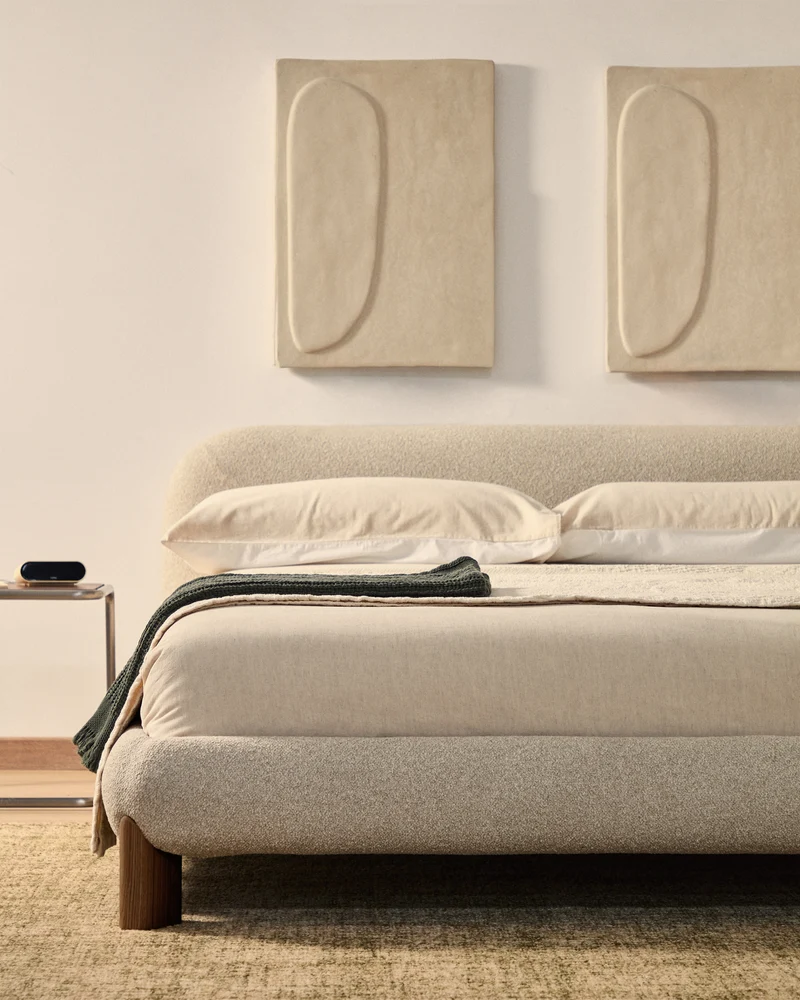 Odina ecru bouclé bed with removable cover and solid ash wood legs with walnut finish for 180 x 200cm mattress