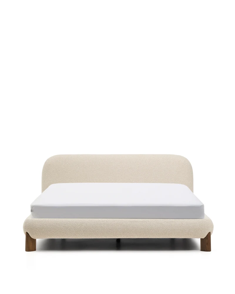 Odina ecru bouclé bed with removable cover and solid ash wood legs with walnut finish for 160 x 200cm mattress