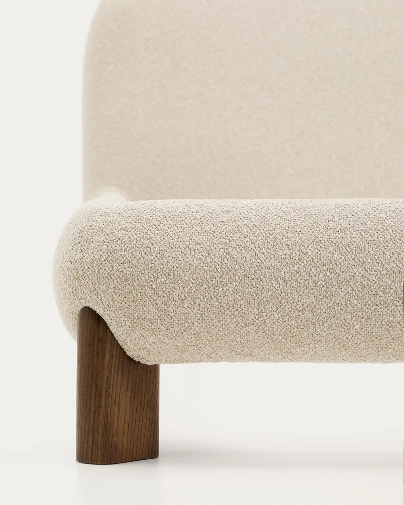 Odina ecru bouclé bed with removable cover and solid ash wood legs with walnut finish for 160 x 200cm mattress