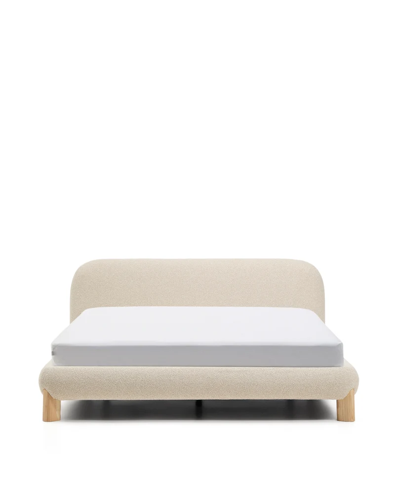 Odina ecru bouclé bed with removable cover and solid ash wood legs with natural finish for 160 x 200cm mattress