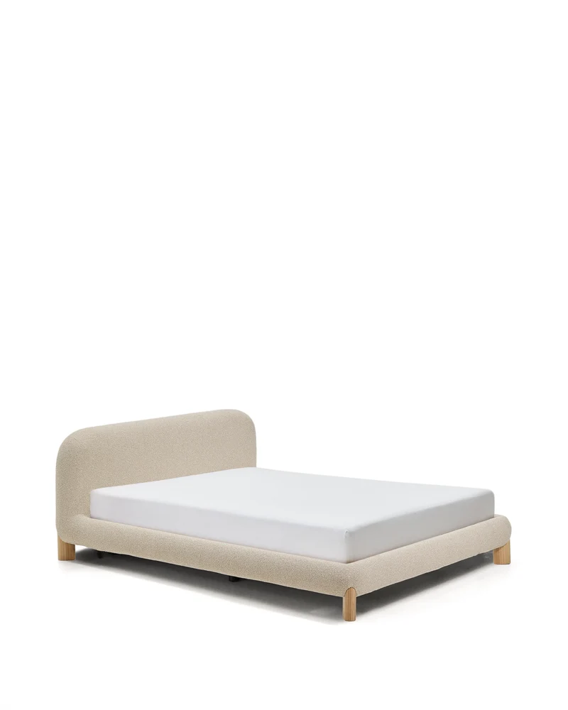 Odina ecru bouclé bed with removable cover and solid ash wood legs with natural finish for 160 x 200cm mattress
