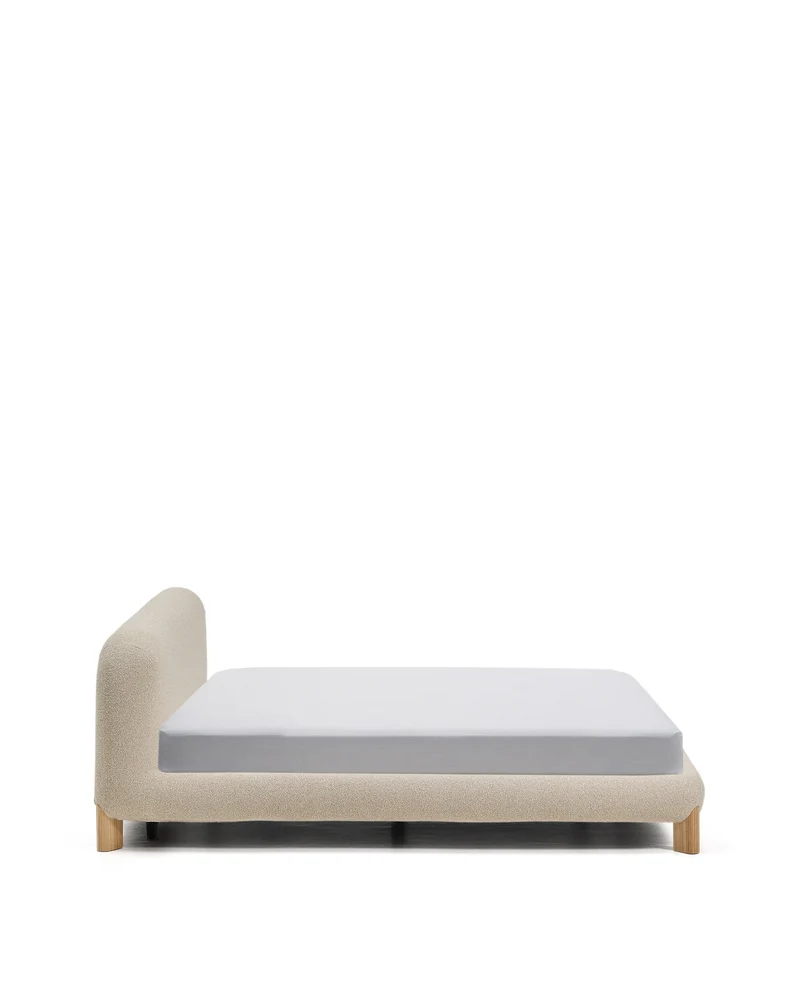 Odina ecru bouclé bed with removable cover and solid ash wood legs with natural finish for 160 x 200cm mattress