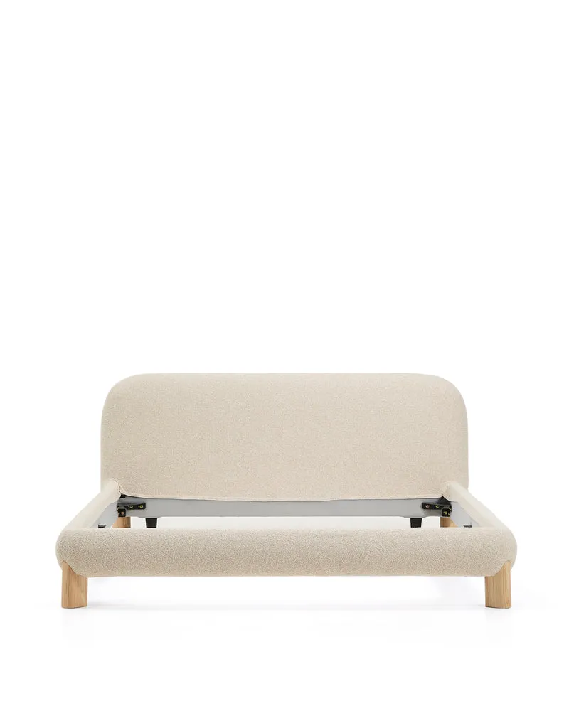 Odina ecru bouclé bed with removable cover and solid ash wood legs with natural finish for 160 x 200cm mattress